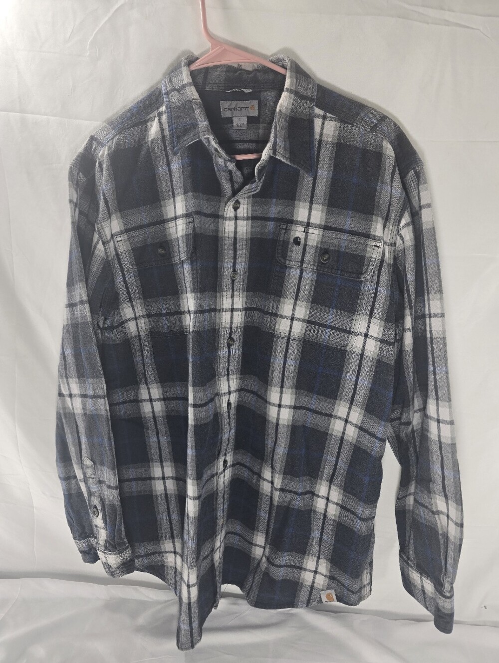 Carhartt Mens XL Heavy Flannel Shirt Plaid Blue Gray Button Front Workwear
